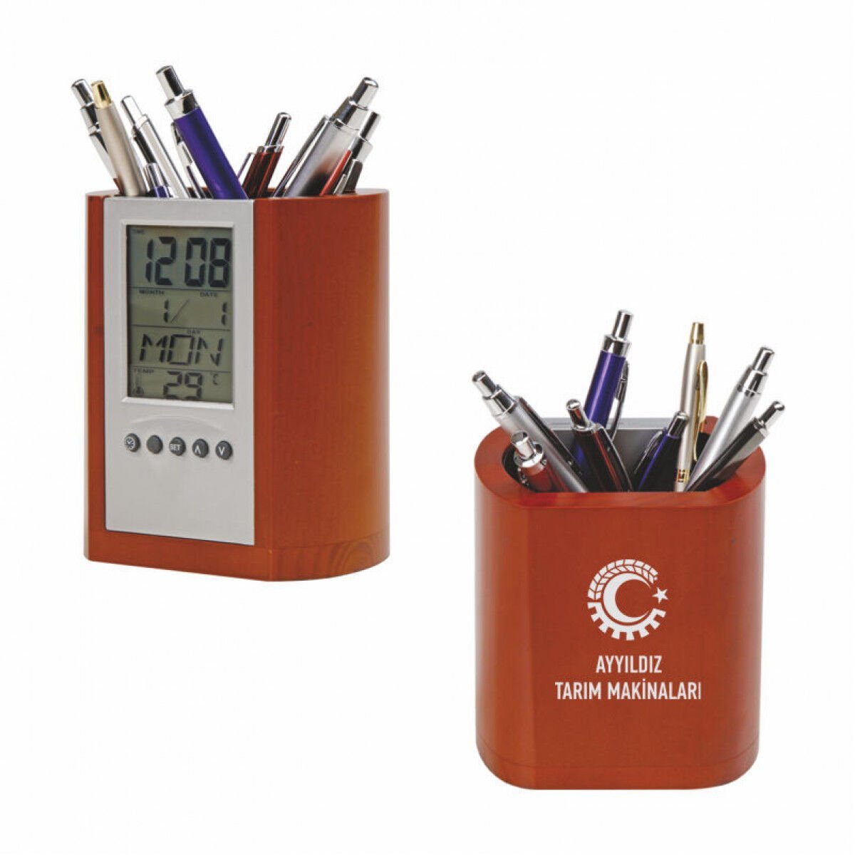 Ahşap Dijital Saat, Tarih ve Isı Derecesi Gösteren Kalemlik
