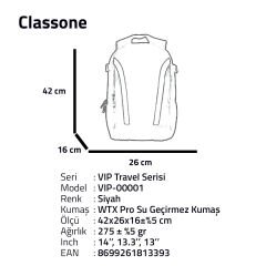 Classone Travel Serisi Reflektörlü 13-14 inch Uyumlu WTX Pro Su Geçirmez Kumaş Laptop, Notebook Sırt Çantası