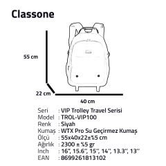 Classone Travel Serisi Tekerlekli Trolley 17,3,15,6,14 Uyumlu Sırt Laptop Çantası – Siyah