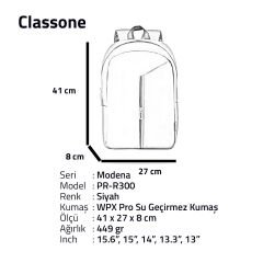 Classone Modena 15.6” WTX Pro Su Geçirmez Kumaş Macbook, Mac Air Laptop SırtÇantası-Siyah