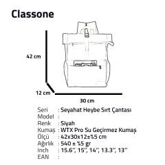 Classone Su geçirmez Kumaş 15.6 inch ,Notebook, Laptop, Macbook Sırt Çantası – Siyah