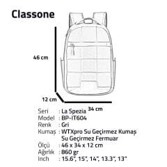 Classone La Spezia Serisi 15.6 inch WTXpro Su Geçirmez kumaş, Su Geçirmez Fermuar, Laptop Sırt Çantası –Gri