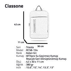 Classone Triesta Serisi, Geri Dönüştürülmüş kumaş,15.6 inch Uyumlu Macbook, Laptop, Notebook Sırt Çantası- Keten Gri