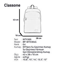 Classone Pro 15.6 inch uyumlu WTXpro Su Geçirmez Kumaş, Su Geçirmez Fermuar, Geri Dönüştürülmüş Kumaş, Macbook , Laptop , Notebook Sırt Çantası –Gri