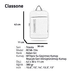 Classone Triesta Serisi, Geri Dönüştürülmüş kumaş,15.6 inch Uyumlu Macbook, Laptop, Notebook Sırt Çantası- Keten Gri
