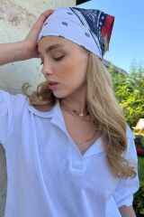 Desenli Saç Aksesuarı Bandana - Beyaz