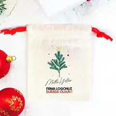 Çam Ağacı Baskılı Yılbaşı Hediye Kesesi - Renkli İp (Özelleştirilebilir)
