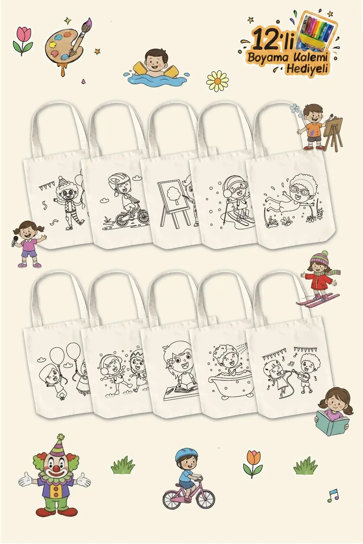 Çocuk Aktiviteleri Desenli Boyama Çantası - 10 Adet