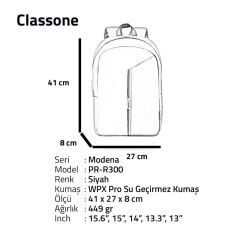 Classone Modena 15.6” WTX Pro Su Geçirmez Kumaş Macbook, Mac Air Laptop SırtÇantası-Siyah