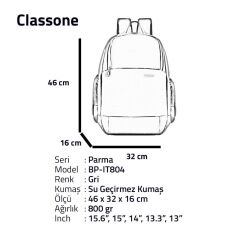 Classone Parma 15.6″ Laptop, Notebook Sırt Çantası-Gri