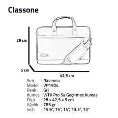 Classone Ravenna 15,6 ” Notebook, Laptop El Çantası-Gri