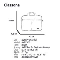 Classone WTXpro Serisi 15.6 inch Uyumlu Su Geçirmez Kumaş Macbook, Laptop , Notebook El Çantası- Siyah