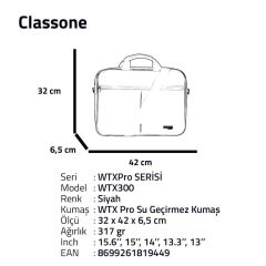 Classone WTXpro Serisi 15.6 inch Uyumlu Su Geçirmez Kumaş Macbook, Laptop , Notebook El Çantası- Siyah