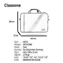 Classone WTXpro Serisi Su Geçirmez Kumaş 15.6 inch Uyumlu Macbook, Laptop , Notebook El Çantası- Sarı