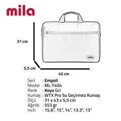 Mila Empoli Serisi 15.6″ Su Geçirmez Kumaş ,Laptop ,Notebook Taşıma Çantası -Gri