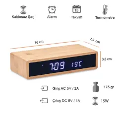 Bambu Gövde Kablosuz Şarj Cihazı Alarm-Saat-Takvim Özellikli