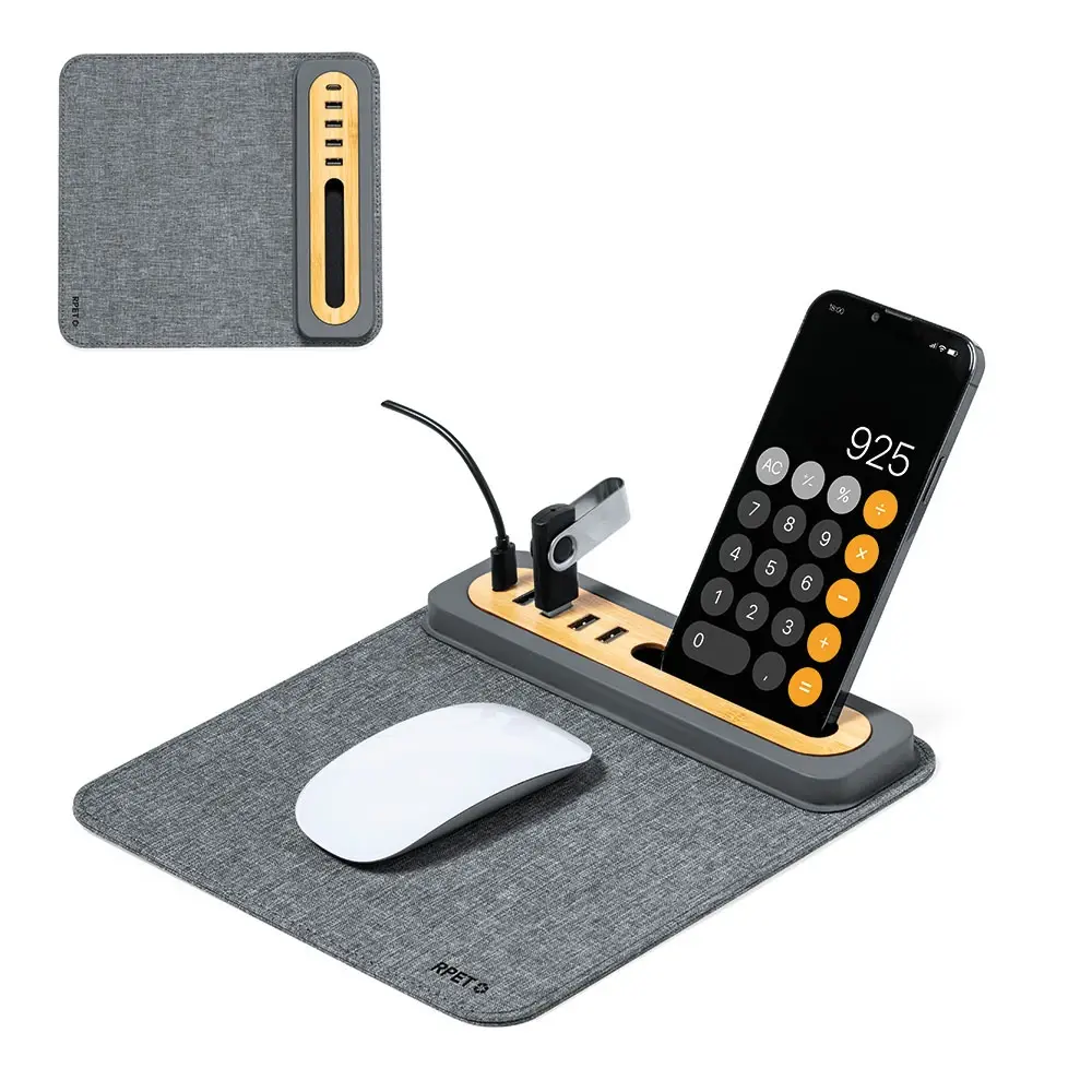 USB Çoklayıcılı Mousepad + Telefon Standı (4 USB Port, Type-C Bağlantı, Bambu & RPET)